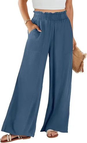 eoeioa Linen Lounge Pants Women Baggy Elastic High Waisted Wide Leg Pants Summer Vacation Casual Beach Pant with Pockets