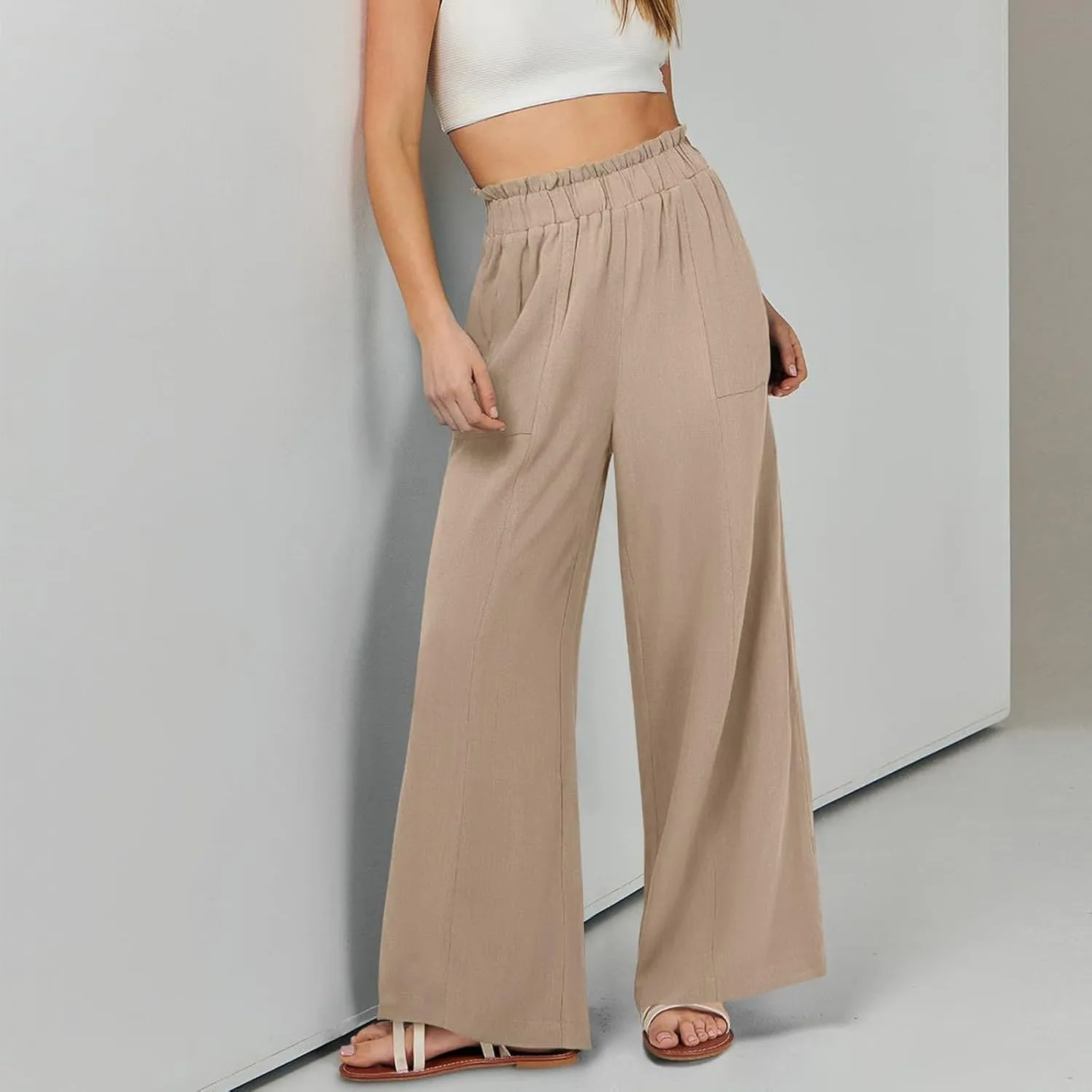 eoeioa Linen Lounge Pants Women Baggy Elastic High Waisted Wide Leg Pants Summer Vacation Casual Beach Pant with Pockets