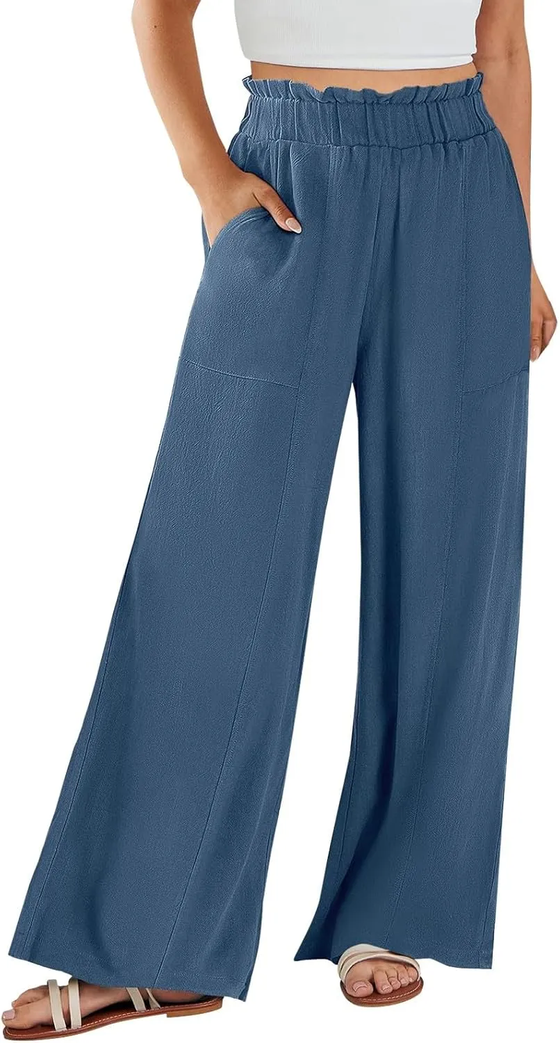 eoeioa Linen Lounge Pants Women Baggy Elastic High Waisted Wide Leg Pants Summer Vacation Casual Beach Pant with Pockets