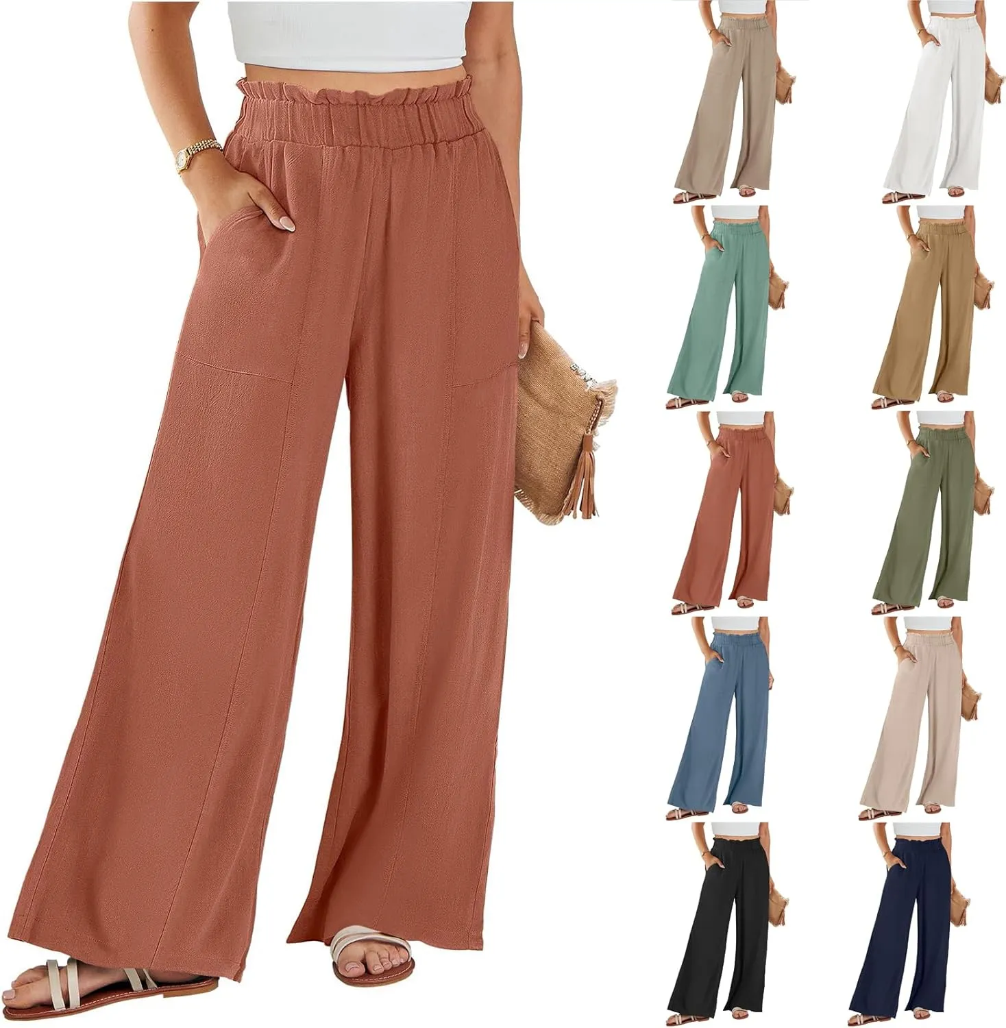eoeioa Linen Lounge Pants Women Baggy Elastic High Waisted Wide Leg Pants Summer Vacation Casual Beach Pant with Pockets