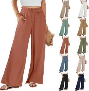 eoeioa Linen Lounge Pants Women Baggy Elastic High Waisted Wide Leg Pants Summer Vacation Casual Beach Pant with Pockets