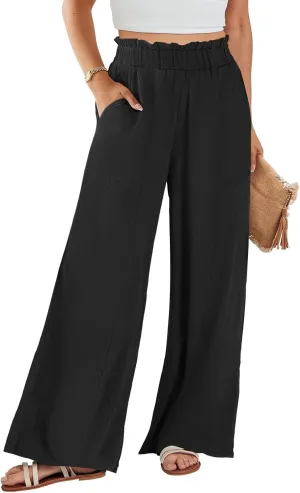 eoeioa Linen Lounge Pants Women Baggy Elastic High Waisted Wide Leg Pants Summer Vacation Casual Beach Pant with Pockets