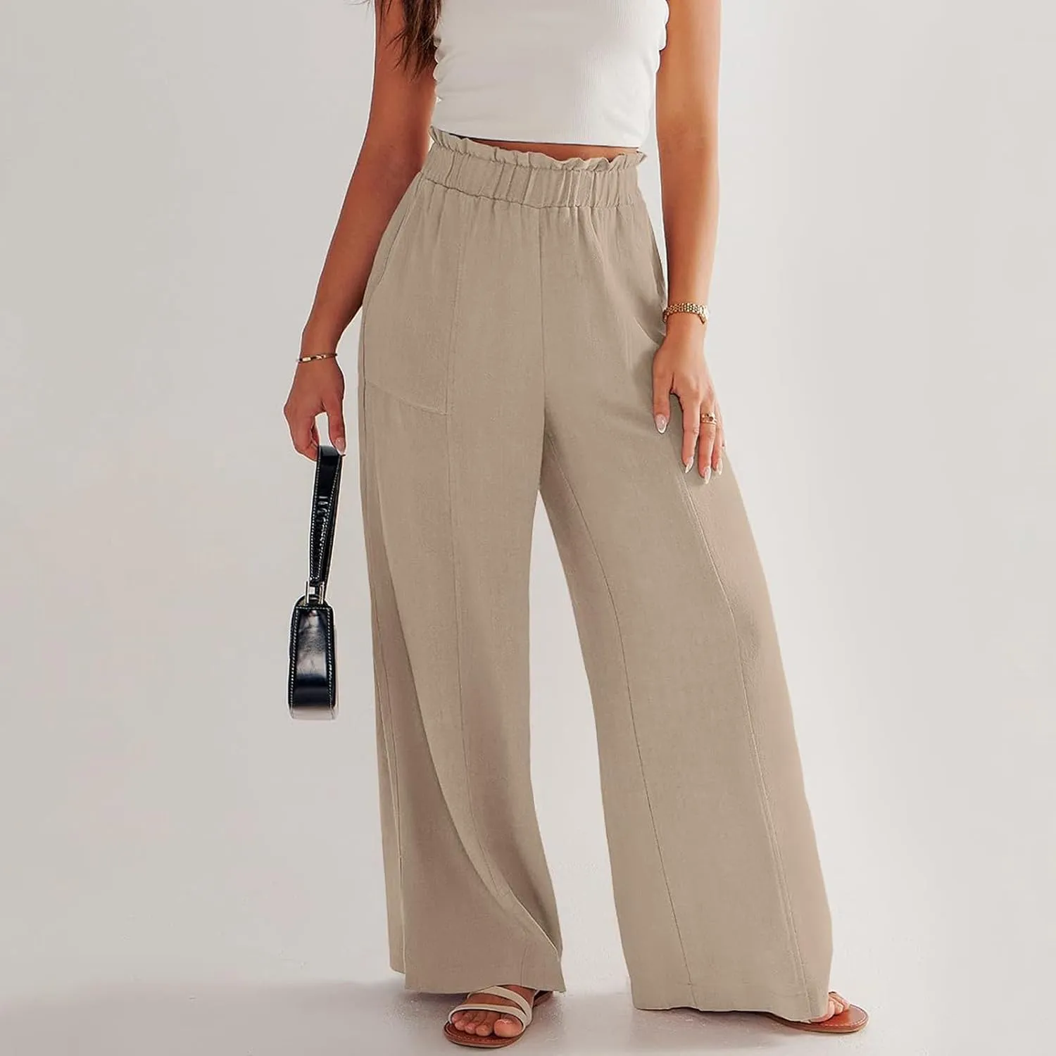 eoeioa Linen Lounge Pants Women Baggy Elastic High Waisted Wide Leg Pants Summer Vacation Casual Beach Pant with Pockets