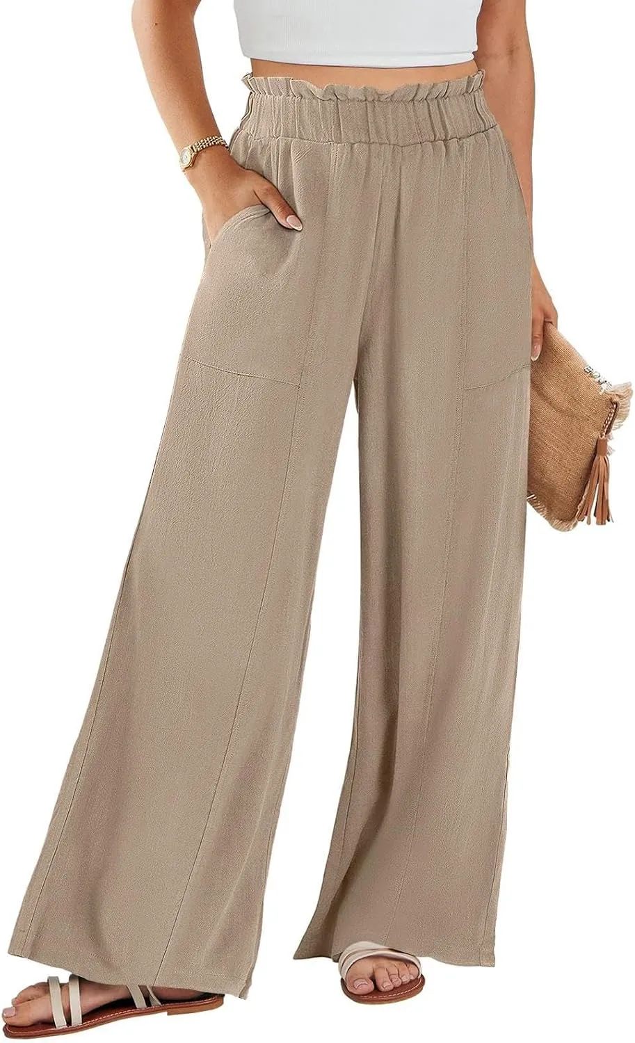eoeioa Linen Lounge Pants Women Baggy Elastic High Waisted Wide Leg Pants Summer Vacation Casual Beach Pant with Pockets