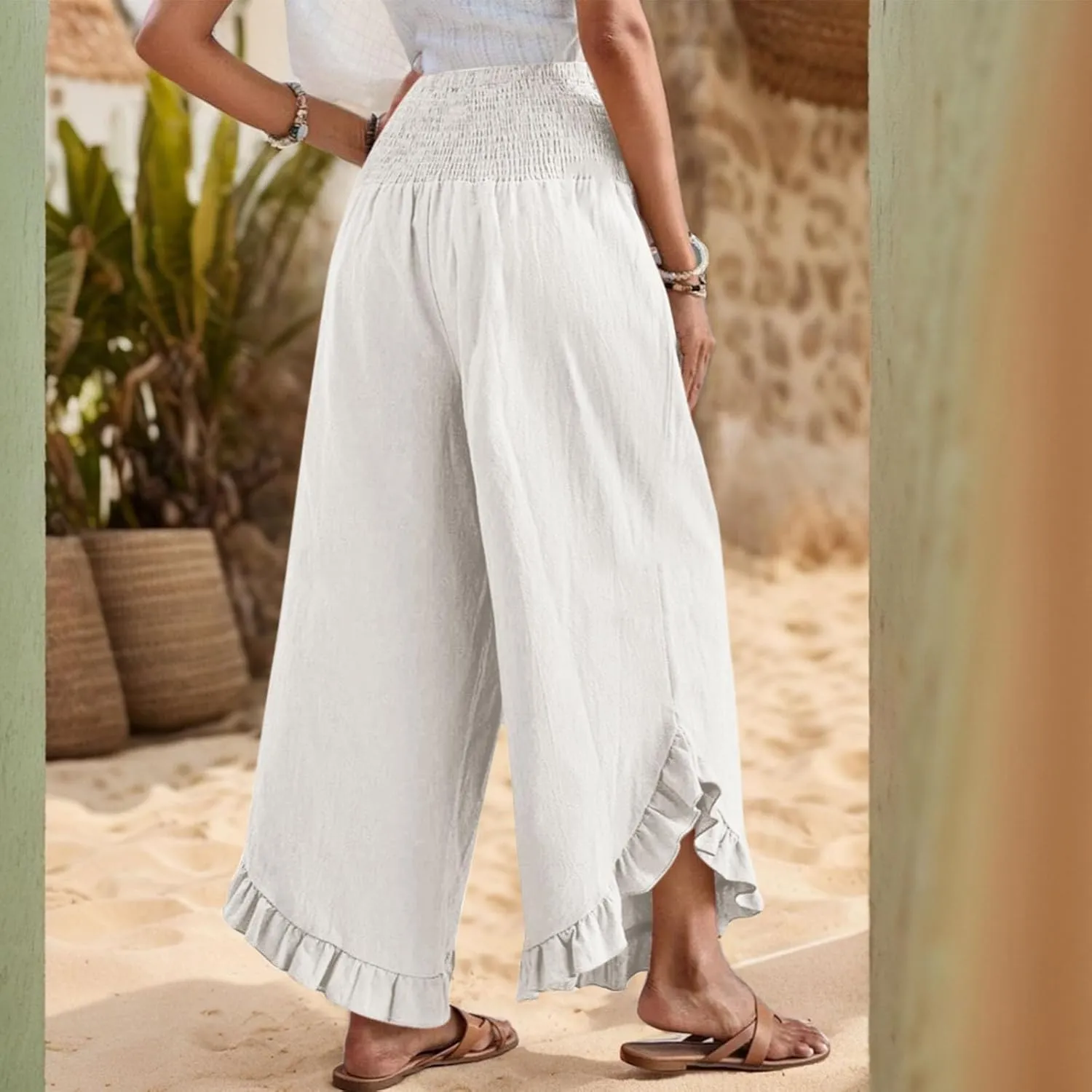 eoeioa Palazzo Pants for Women Dressy Elastic High Waisted Palazzo Pants Casual Ruffle Hem Linen Pant with Pockets