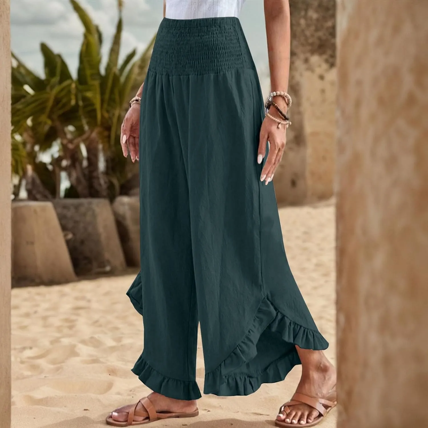 eoeioa Palazzo Pants for Women Dressy Elastic High Waisted Palazzo Pants Casual Ruffle Hem Linen Pant with Pockets