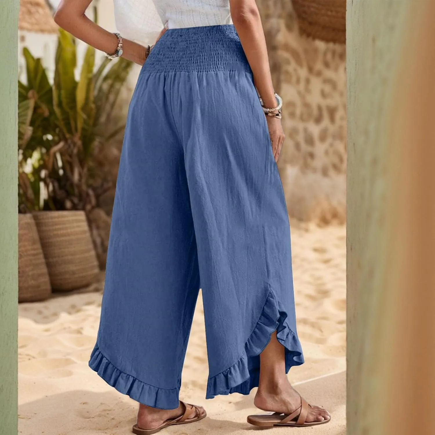 eoeioa Palazzo Pants for Women Dressy Elastic High Waisted Palazzo Pants Casual Ruffle Hem Linen Pant with Pockets