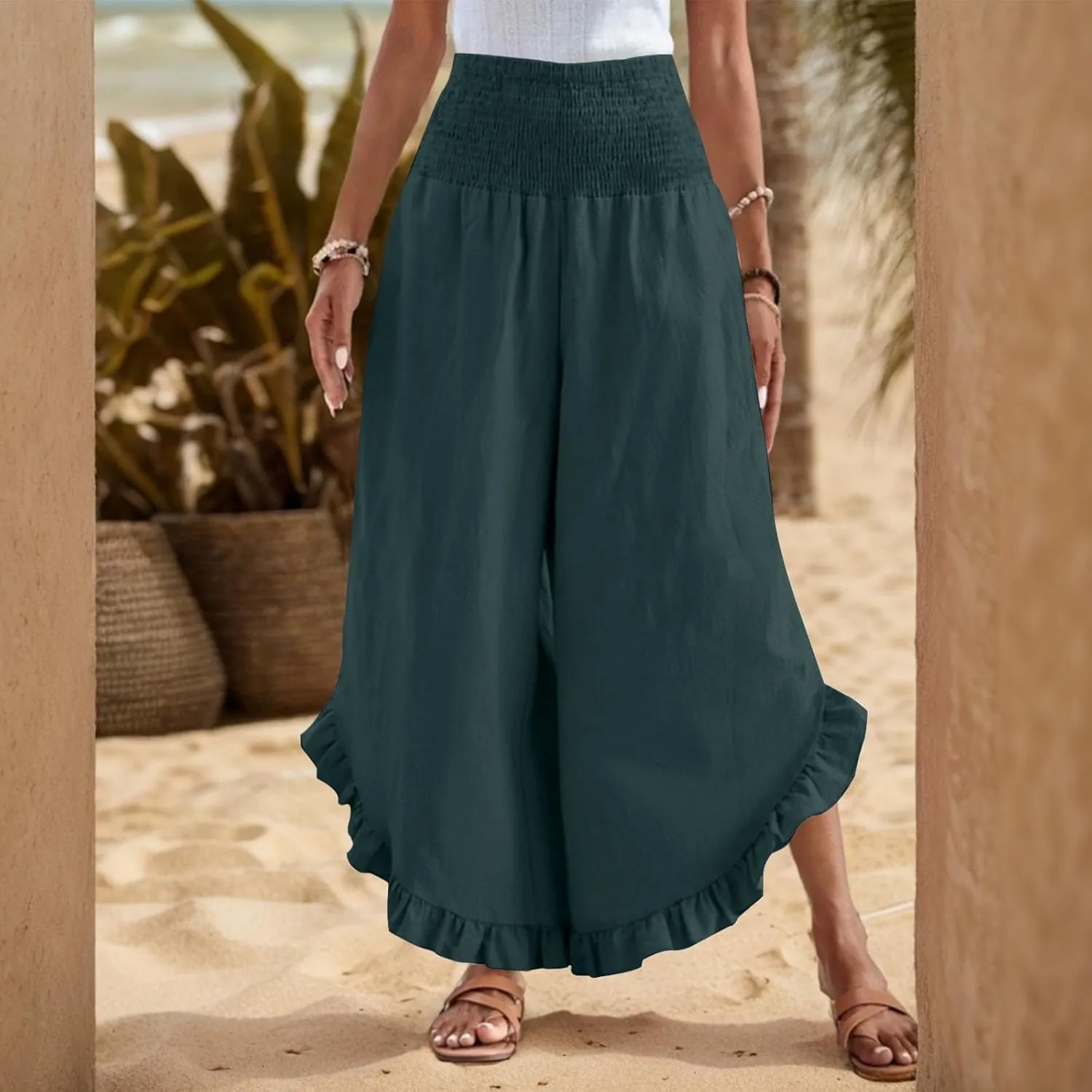 eoeioa Palazzo Pants for Women Dressy Elastic High Waisted Palazzo Pants Casual Ruffle Hem Linen Pant with Pockets