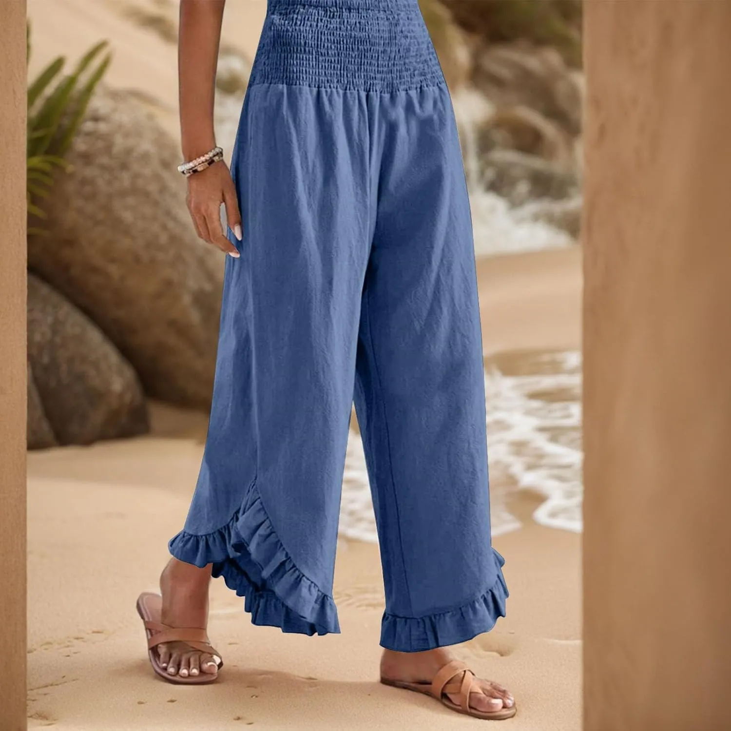 eoeioa Palazzo Pants for Women Dressy Elastic High Waisted Palazzo Pants Casual Ruffle Hem Linen Pant with Pockets