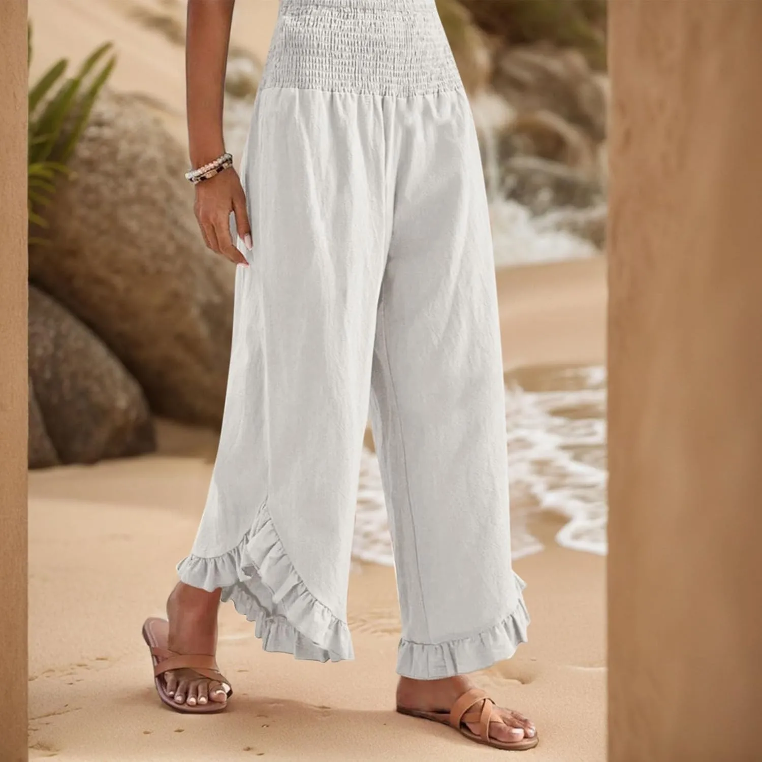 eoeioa Palazzo Pants for Women Dressy Elastic High Waisted Palazzo Pants Casual Ruffle Hem Linen Pant with Pockets