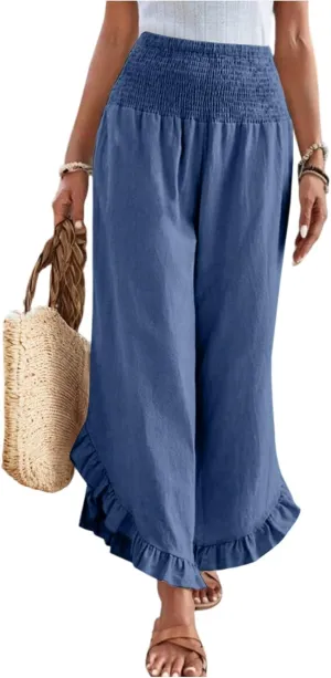 eoeioa Palazzo Pants for Women Dressy Elastic High Waisted Palazzo Pants Casual Ruffle Hem Linen Pant with Pockets
