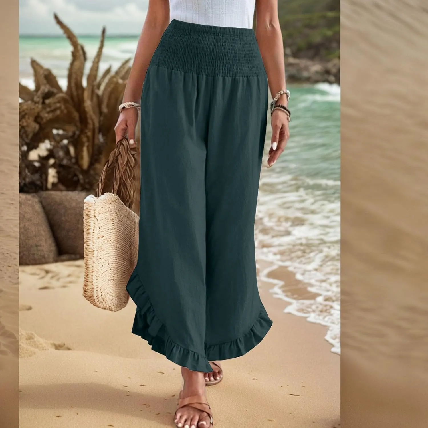eoeioa Palazzo Pants for Women Dressy Elastic High Waisted Palazzo Pants Casual Ruffle Hem Linen Pant with Pockets