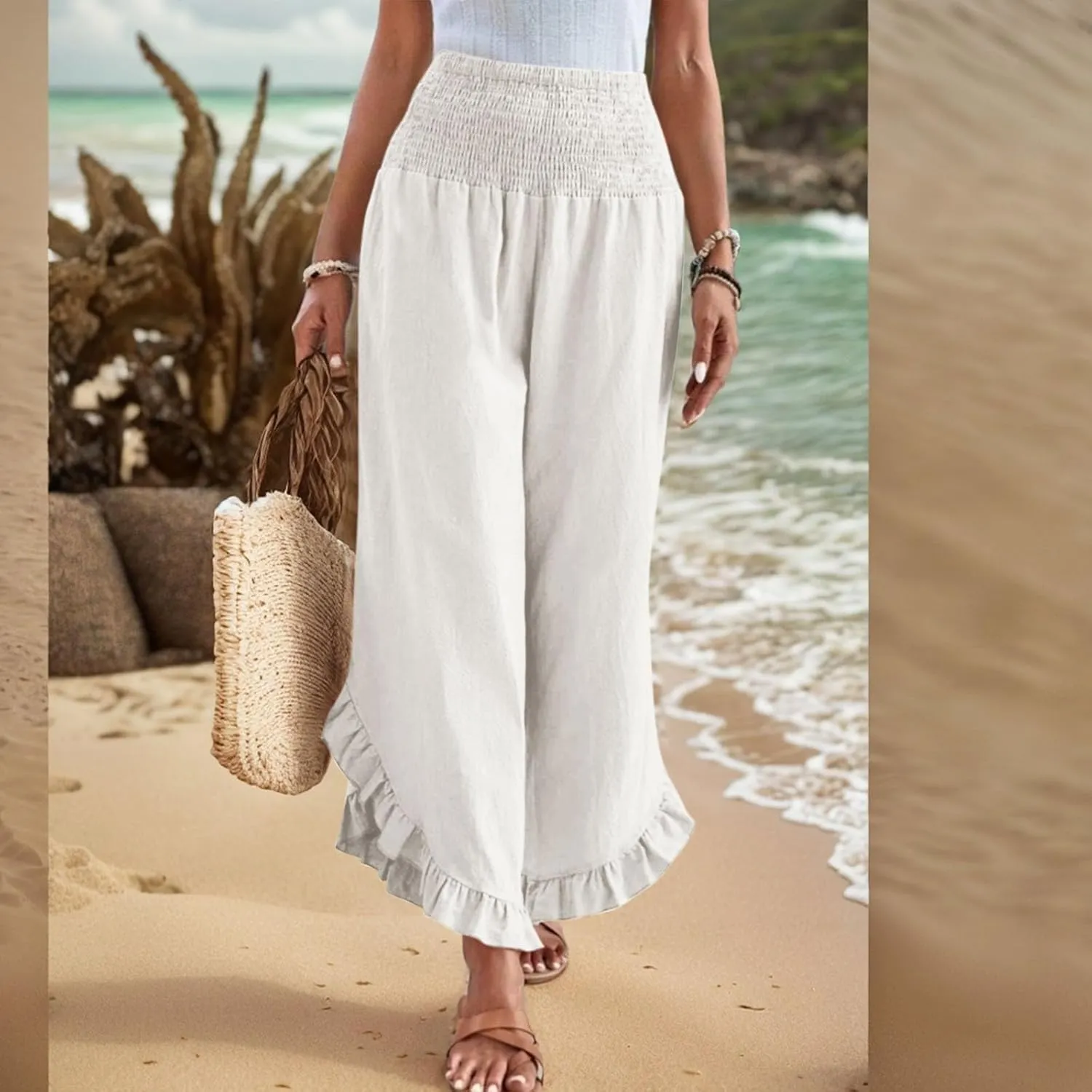 eoeioa Palazzo Pants for Women Dressy Elastic High Waisted Palazzo Pants Casual Ruffle Hem Linen Pant with Pockets