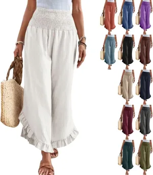 eoeioa Palazzo Pants for Women Dressy Elastic High Waisted Palazzo Pants Casual Ruffle Hem Linen Pant with Pockets