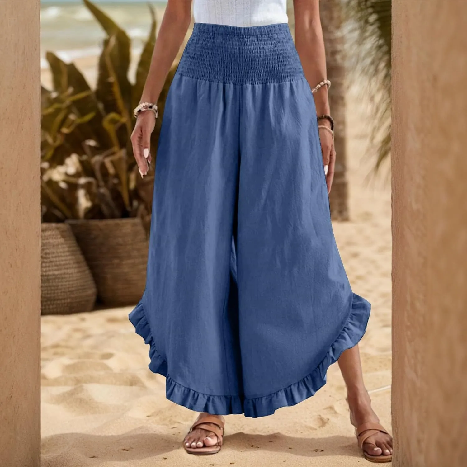eoeioa Palazzo Pants for Women Dressy Elastic High Waisted Palazzo Pants Casual Ruffle Hem Linen Pant with Pockets