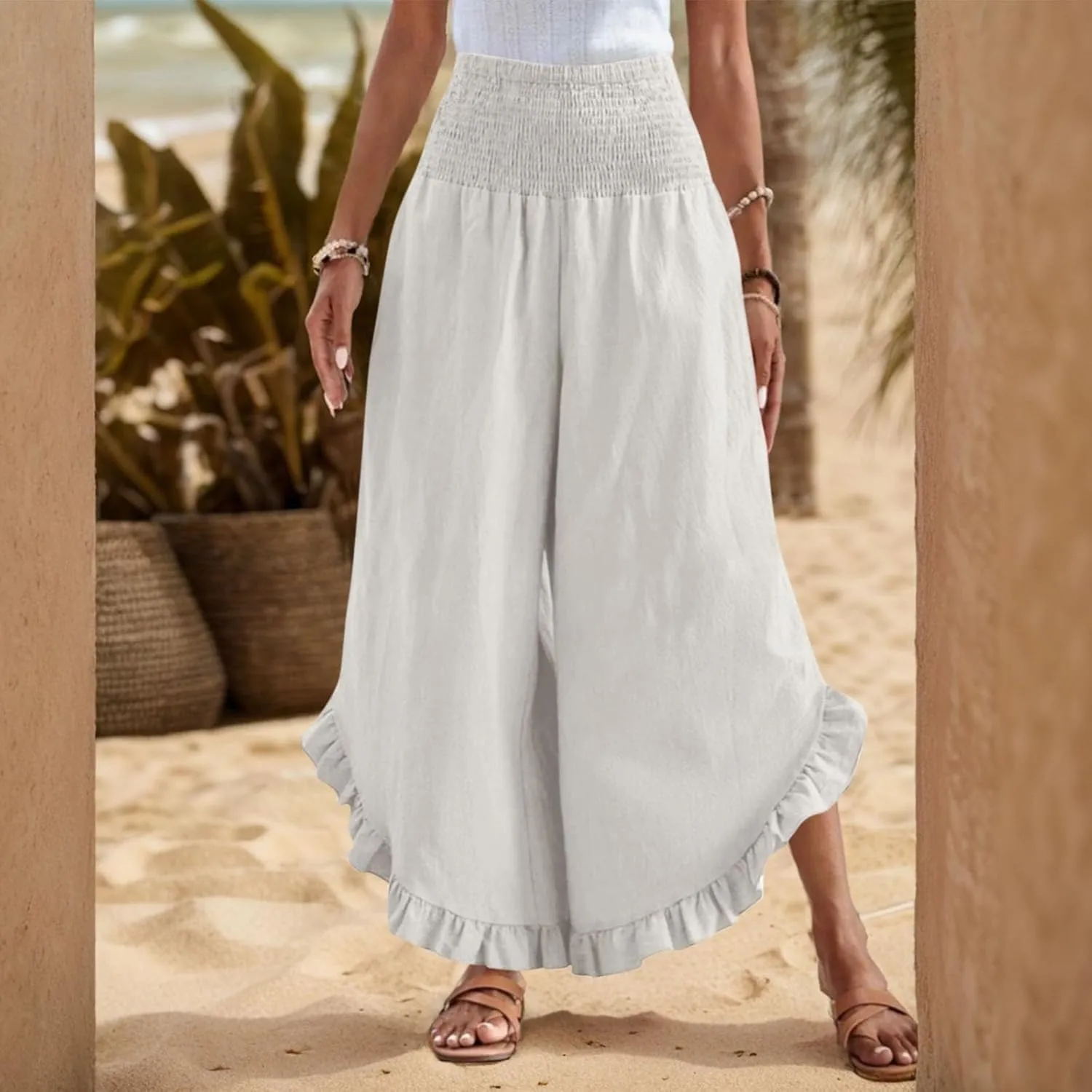 eoeioa Palazzo Pants for Women Dressy Elastic High Waisted Palazzo Pants Casual Ruffle Hem Linen Pant with Pockets