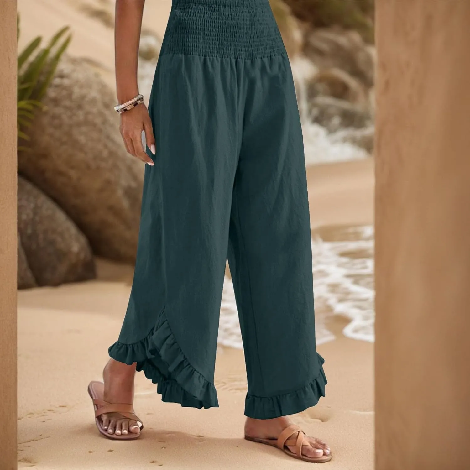 eoeioa Palazzo Pants for Women Dressy Elastic High Waisted Palazzo Pants Casual Ruffle Hem Linen Pant with Pockets