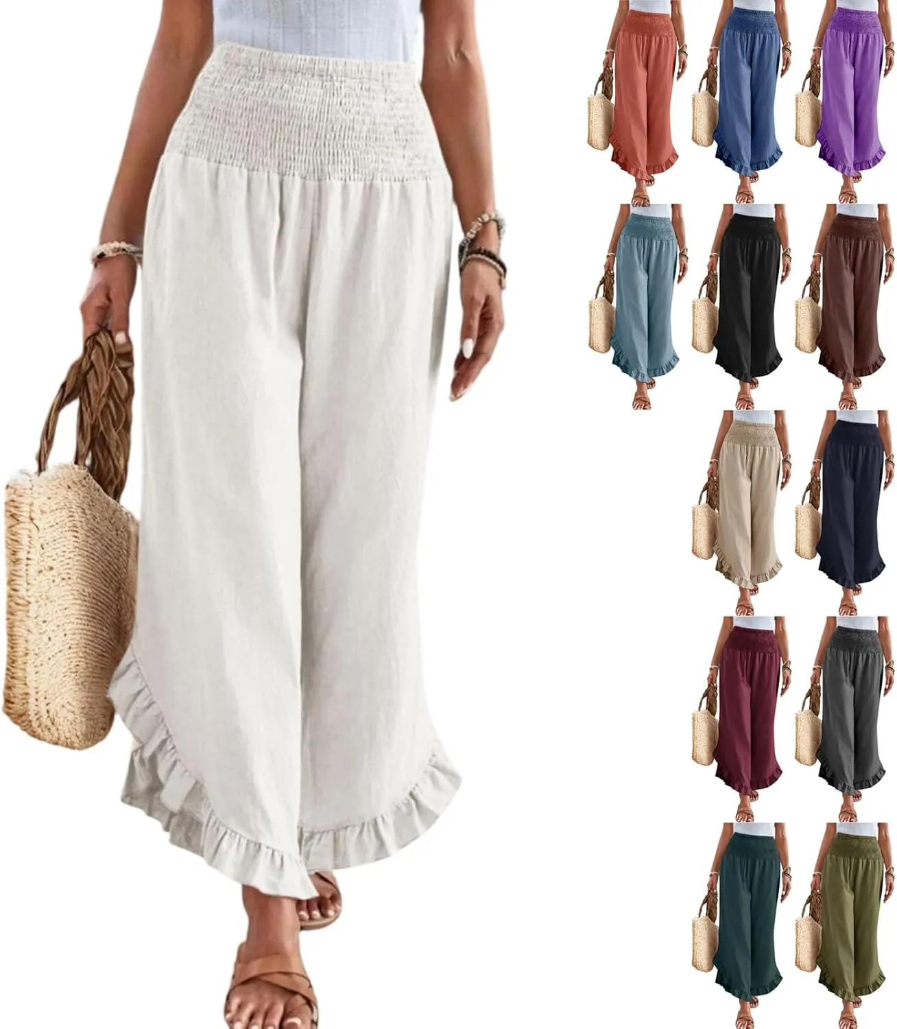 eoeioa Palazzo Pants for Women Dressy Elastic High Waisted Palazzo Pants Casual Ruffle Hem Linen Pant with Pockets