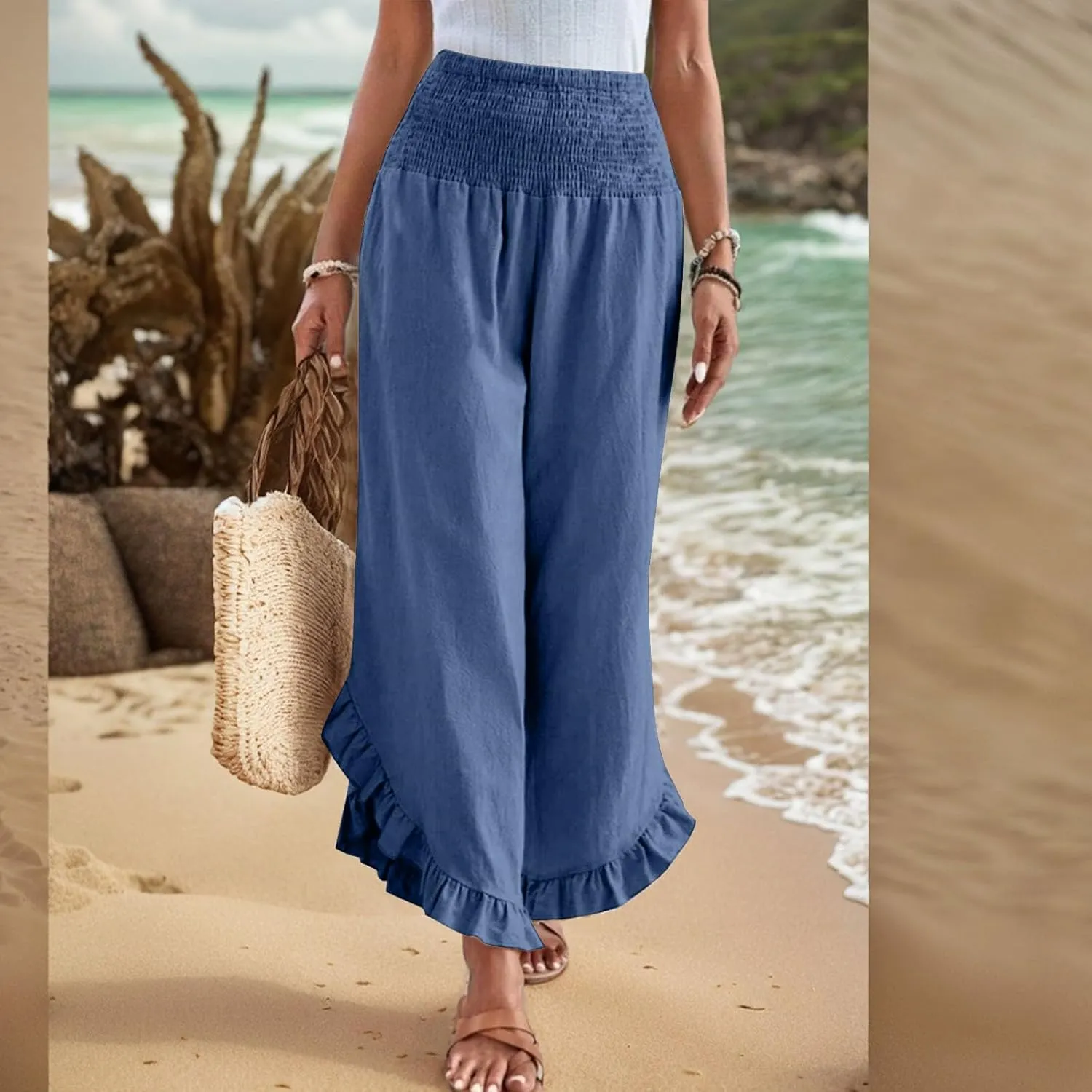 eoeioa Palazzo Pants for Women Dressy Elastic High Waisted Palazzo Pants Casual Ruffle Hem Linen Pant with Pockets
