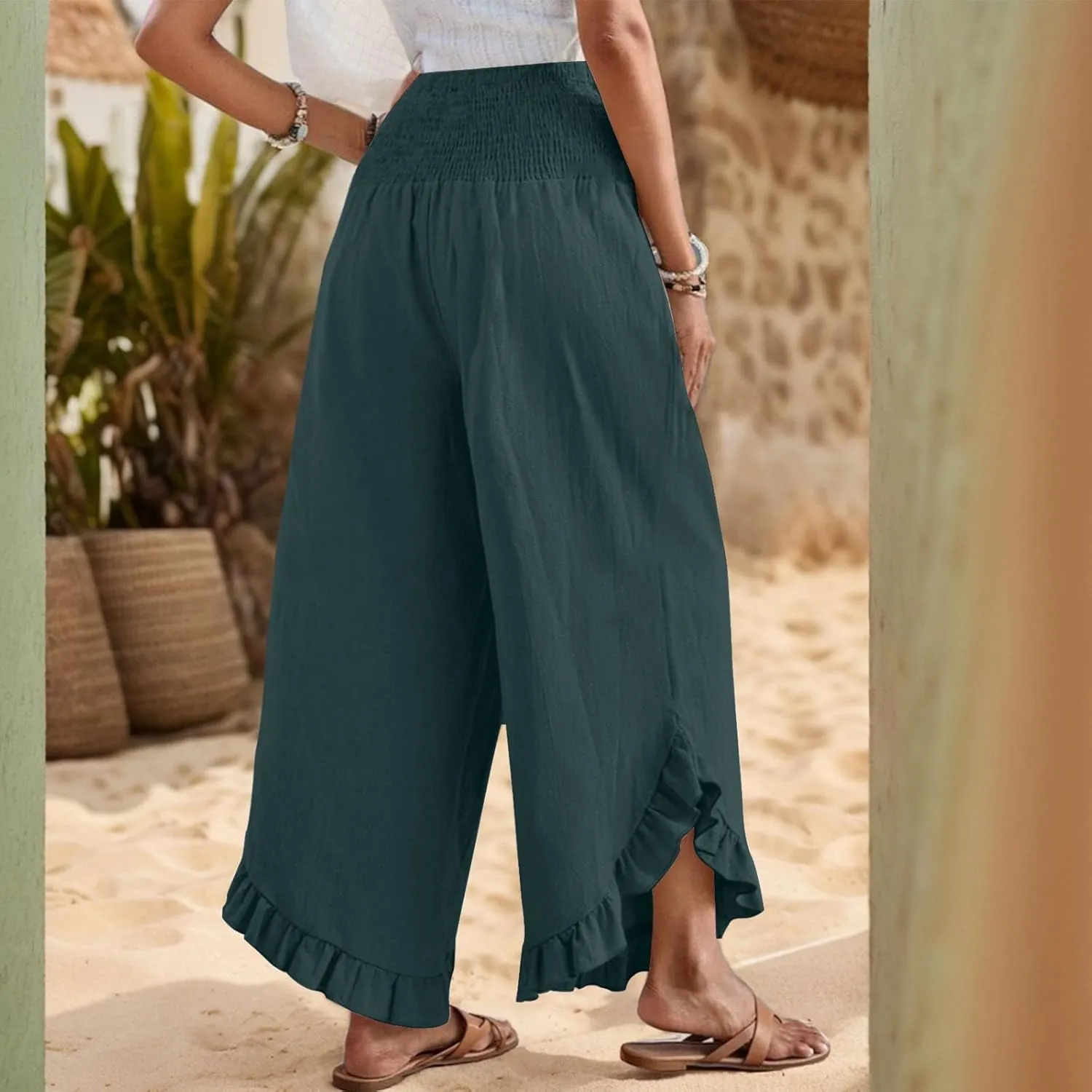 eoeioa Palazzo Pants for Women Dressy Elastic High Waisted Palazzo Pants Casual Ruffle Hem Linen Pant with Pockets