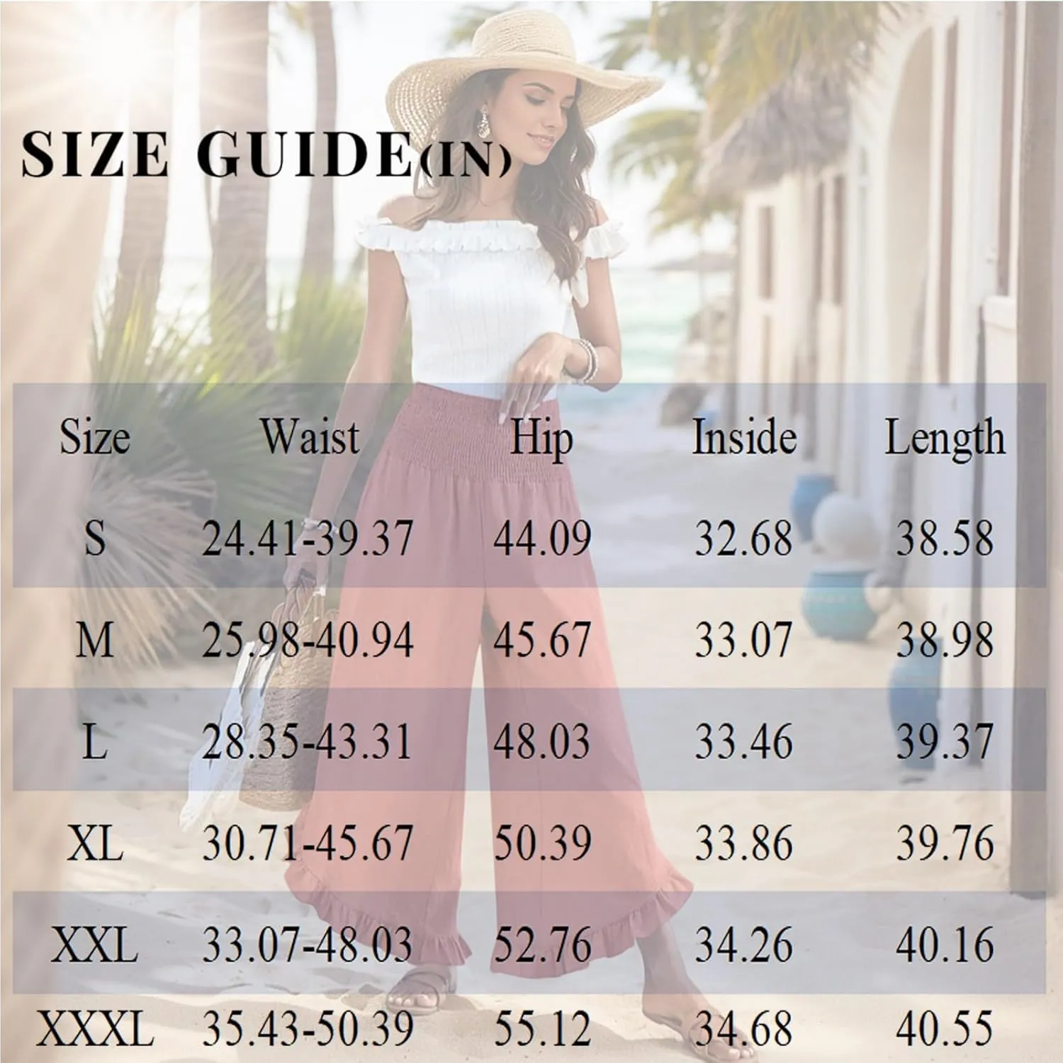 eoeioa Palazzo Pants for Women Dressy Elastic High Waisted Palazzo Pants Casual Ruffle Hem Linen Pant with Pockets