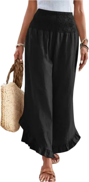 eoeioa Smocked Linen Pants for Women Elastic Waist Wide Leg Pant Lightweight Comfy Flowy Boho Pants with Pockets