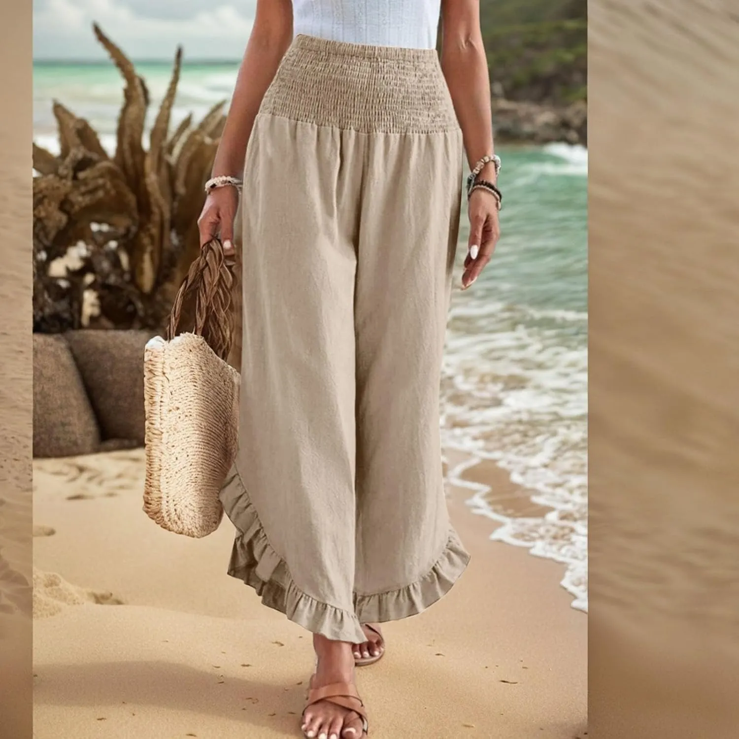 eoeioa Smocked Linen Pants for Women Elastic Waist Wide Leg Pant Lightweight Comfy Flowy Boho Pants with Pockets