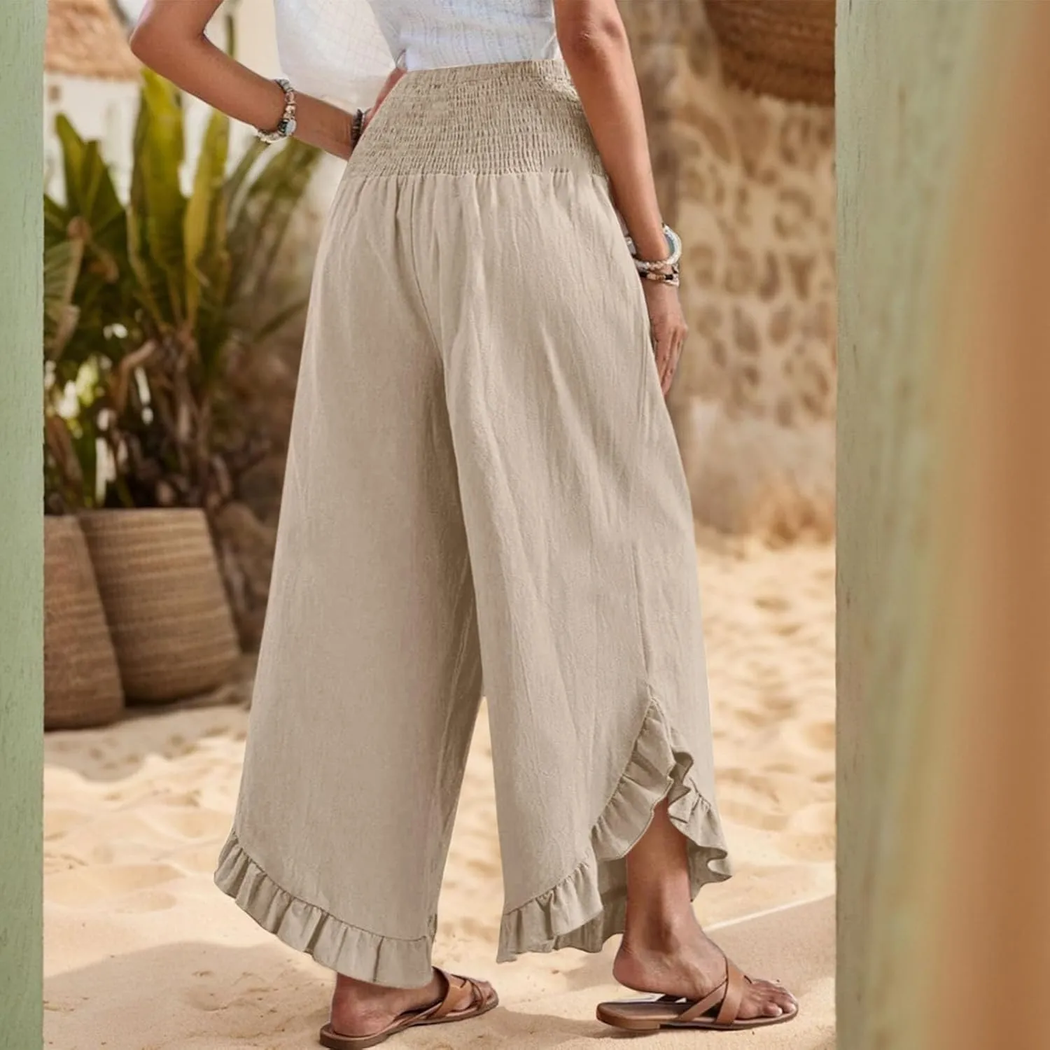 eoeioa Smocked Linen Pants for Women Elastic Waist Wide Leg Pant Lightweight Comfy Flowy Boho Pants with Pockets