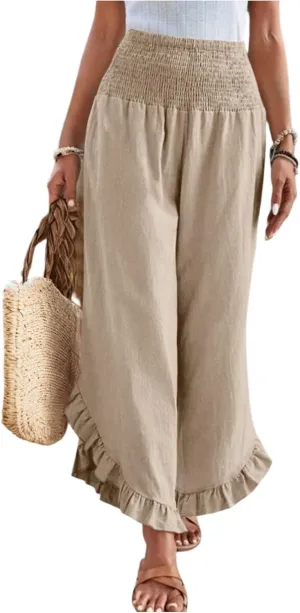 eoeioa Smocked Linen Pants for Women Elastic Waist Wide Leg Pant Lightweight Comfy Flowy Boho Pants with Pockets