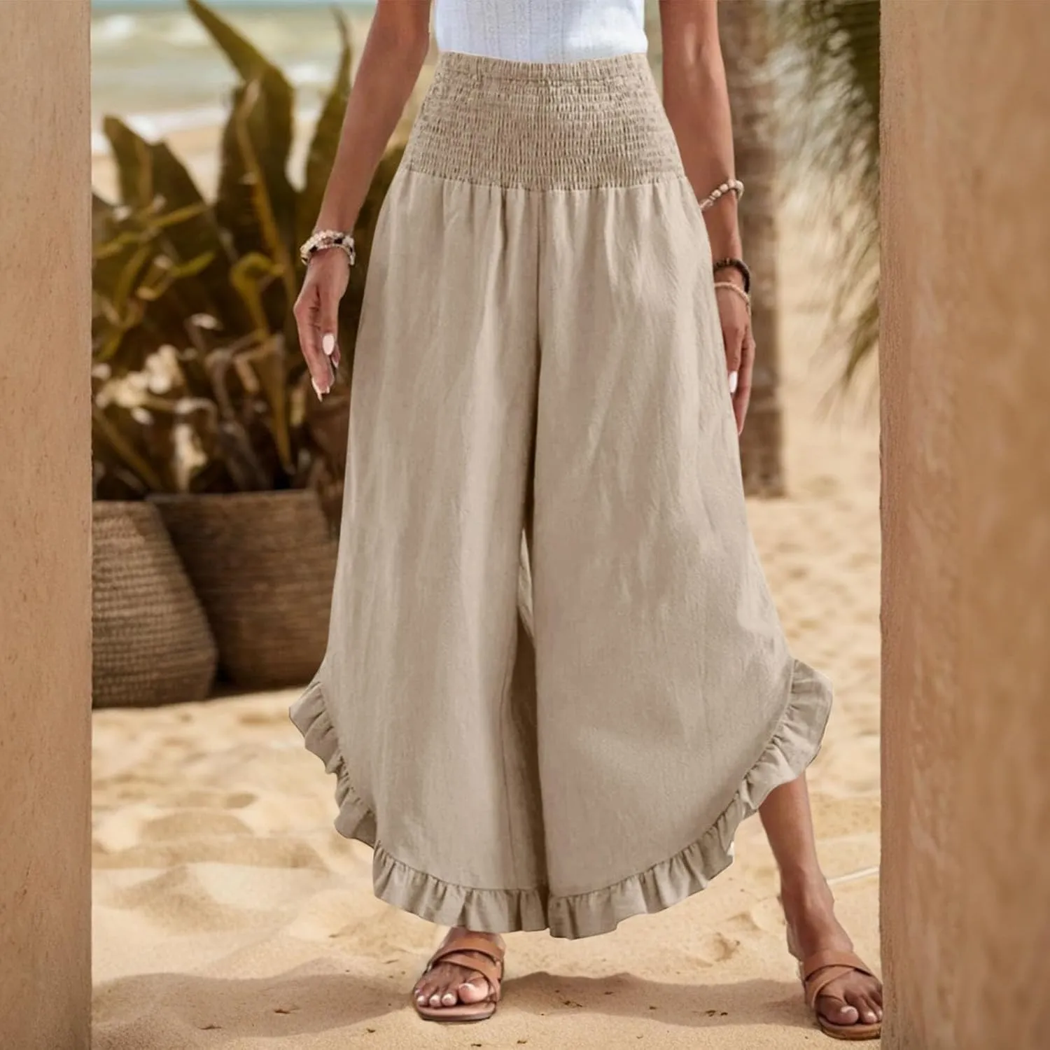 eoeioa Smocked Linen Pants for Women Elastic Waist Wide Leg Pant Lightweight Comfy Flowy Boho Pants with Pockets
