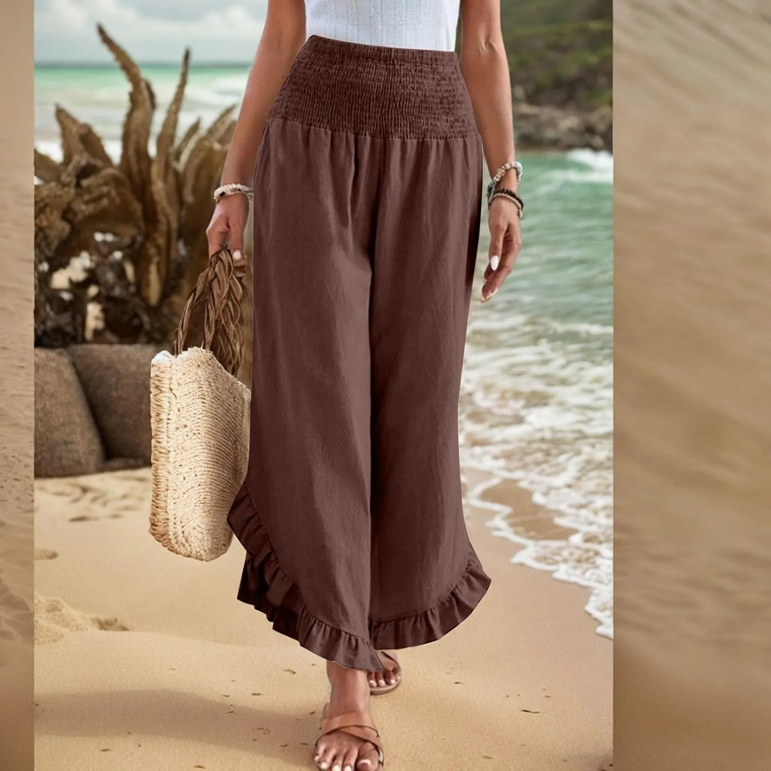 eoeioa Summer Linen Pants for Women Smocked High Waisted Palazzo Pants Ruffle Hem Beach Pant with Pockets