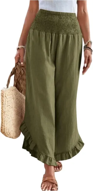 eoeioa Summer Linen Pants for Women Smocked High Waisted Palazzo Pants Ruffle Hem Beach Pant with Pockets