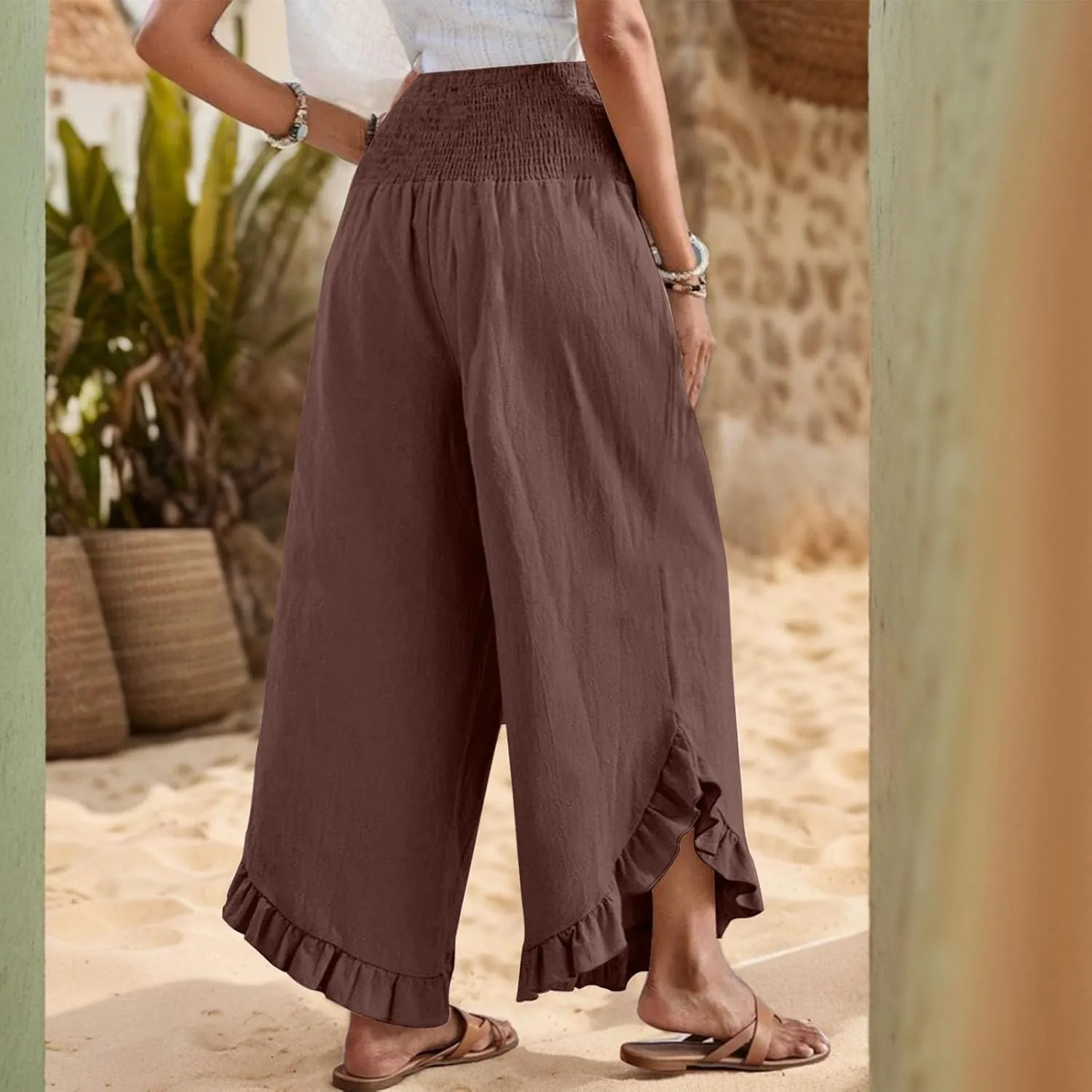 eoeioa Summer Linen Pants for Women Smocked High Waisted Palazzo Pants Ruffle Hem Beach Pant with Pockets