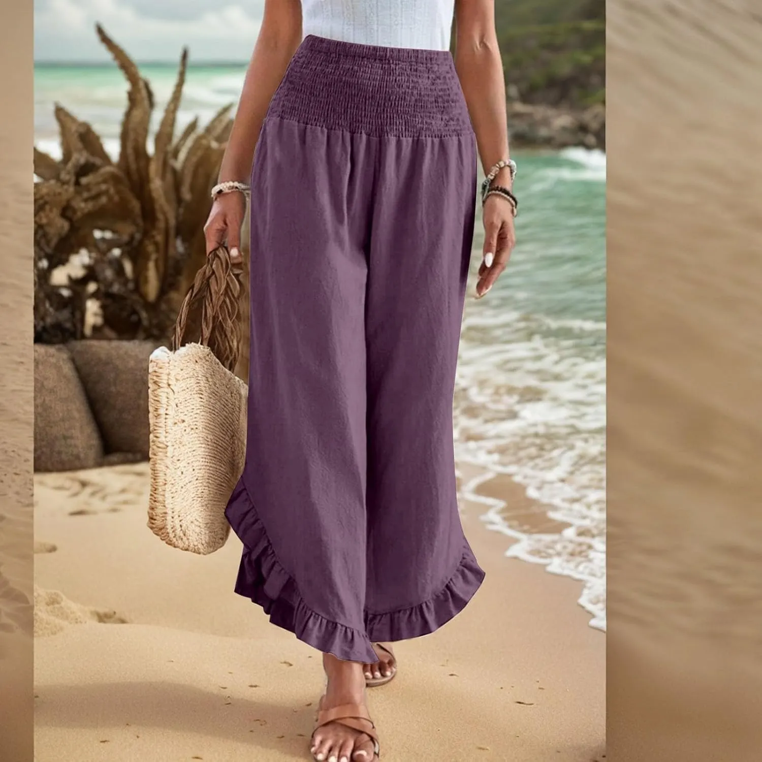 eoeioa Summer Linen Pants for Women Smocked High Waisted Palazzo Pants Ruffle Hem Beach Pant with Pockets