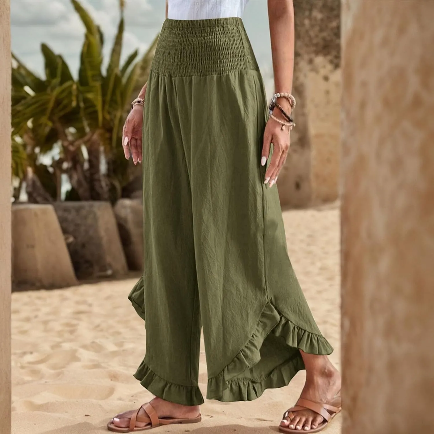 eoeioa Summer Linen Pants for Women Smocked High Waisted Palazzo Pants Ruffle Hem Beach Pant with Pockets