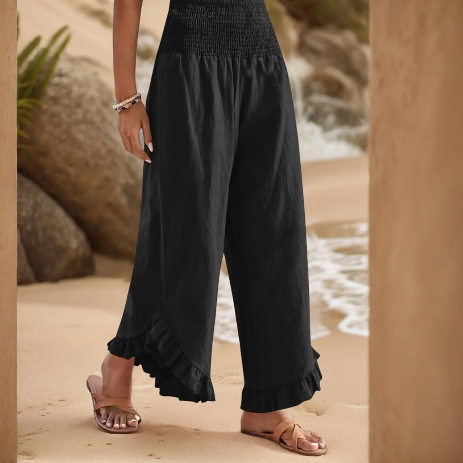 eoeioa Summer Linen Pants for Women Smocked High Waisted Palazzo Pants Ruffle Hem Beach Pant with Pockets