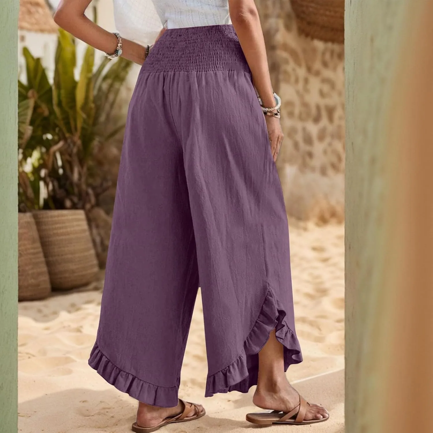 eoeioa Summer Linen Pants for Women Smocked High Waisted Palazzo Pants Ruffle Hem Beach Pant with Pockets