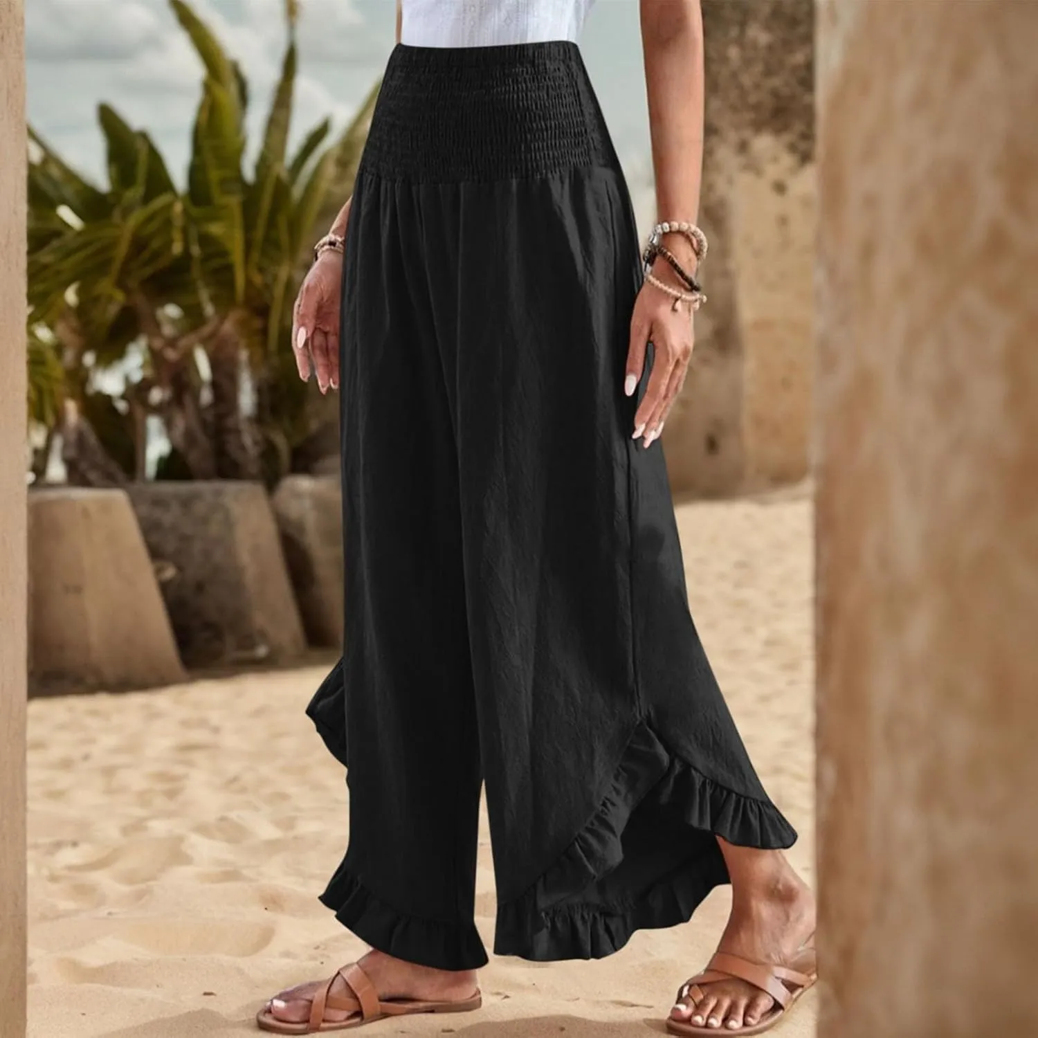 eoeioa Summer Linen Pants for Women Smocked High Waisted Palazzo Pants Ruffle Hem Beach Pant with Pockets