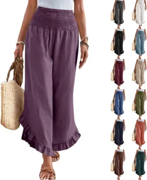 eoeioa Summer Linen Pants for Women Smocked High Waisted Palazzo Pants Ruffle Hem Beach Pant with Pockets
