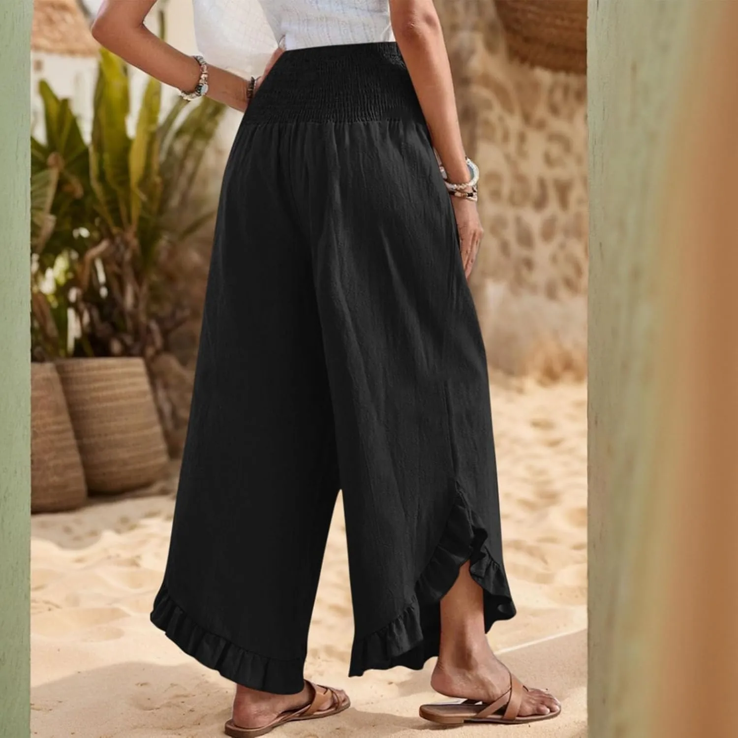 eoeioa Summer Linen Pants for Women Smocked High Waisted Palazzo Pants Ruffle Hem Beach Pant with Pockets