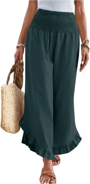 eoeioa Summer Linen Pants for Women Smocked High Waisted Palazzo Pants Ruffle Hem Beach Pant with Pockets