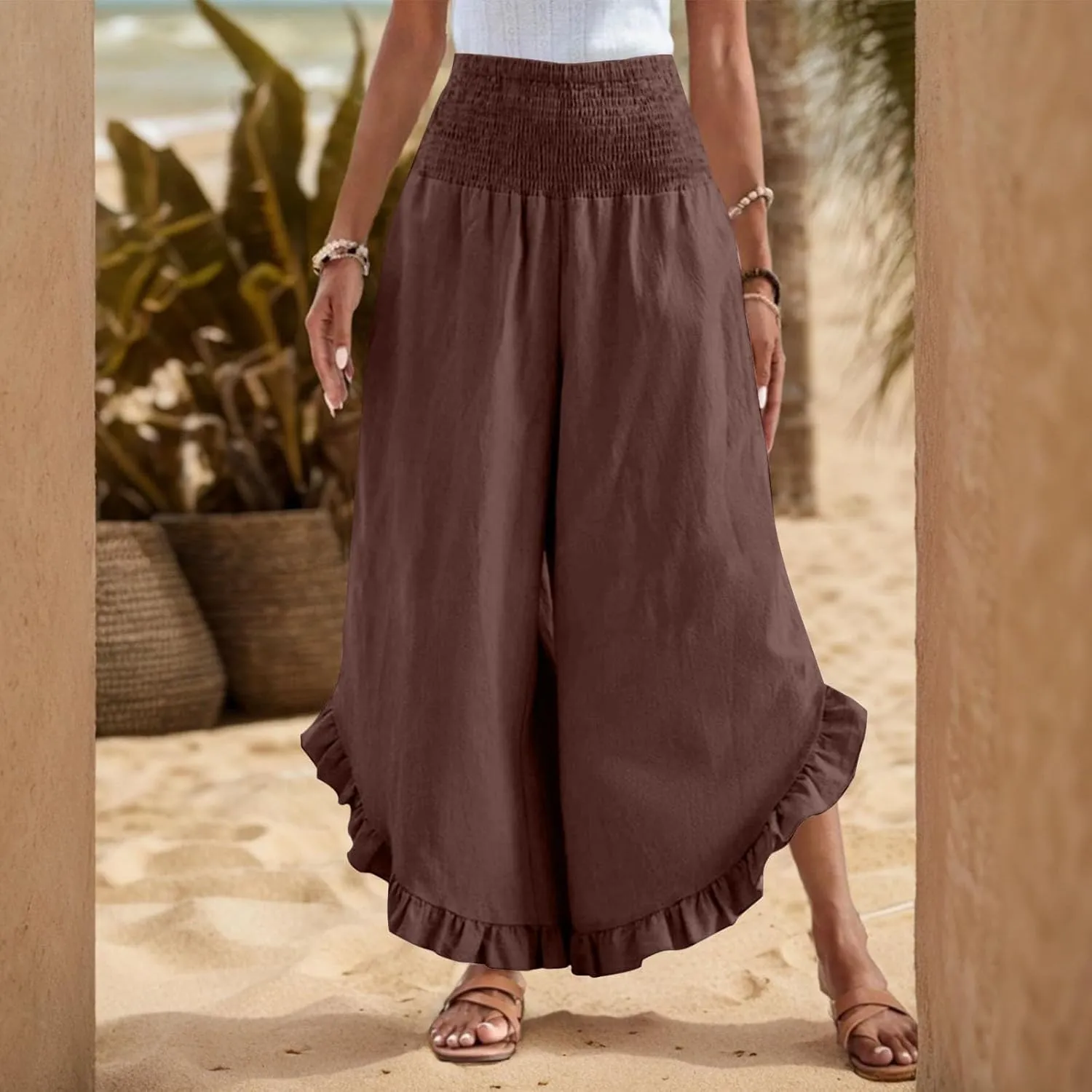 eoeioa Summer Linen Pants for Women Smocked High Waisted Palazzo Pants Ruffle Hem Beach Pant with Pockets