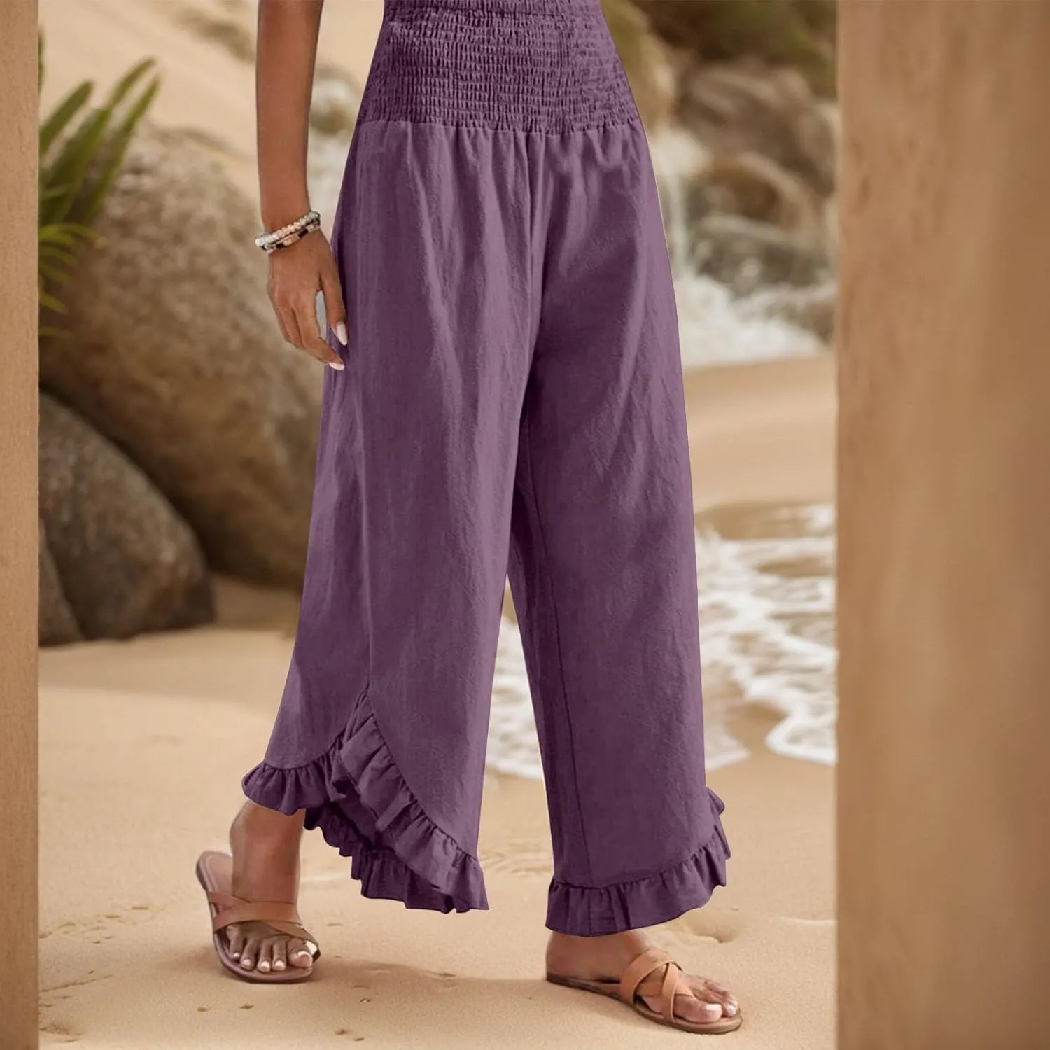 eoeioa Summer Linen Pants for Women Smocked High Waisted Palazzo Pants Ruffle Hem Beach Pant with Pockets