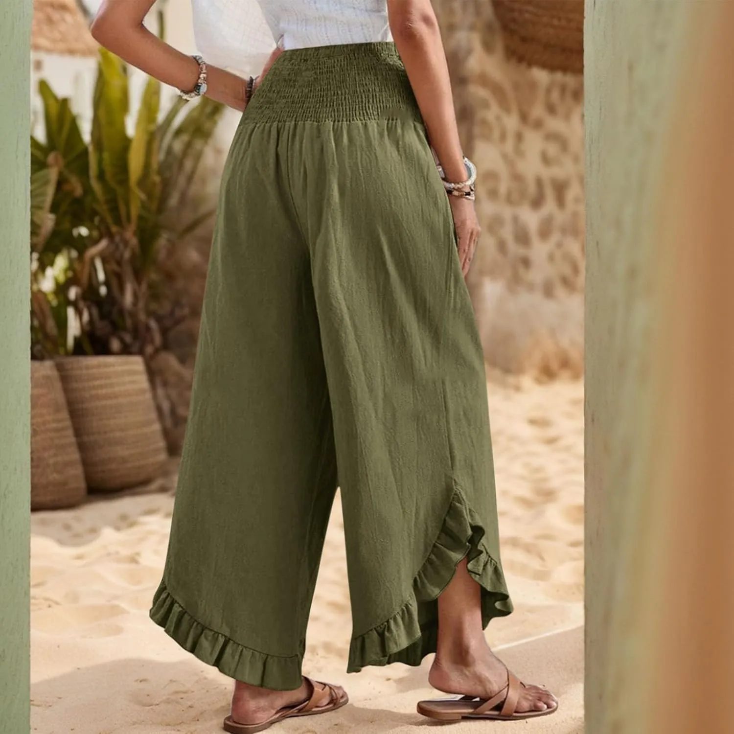 eoeioa Summer Linen Pants for Women Smocked High Waisted Palazzo Pants Ruffle Hem Beach Pant with Pockets