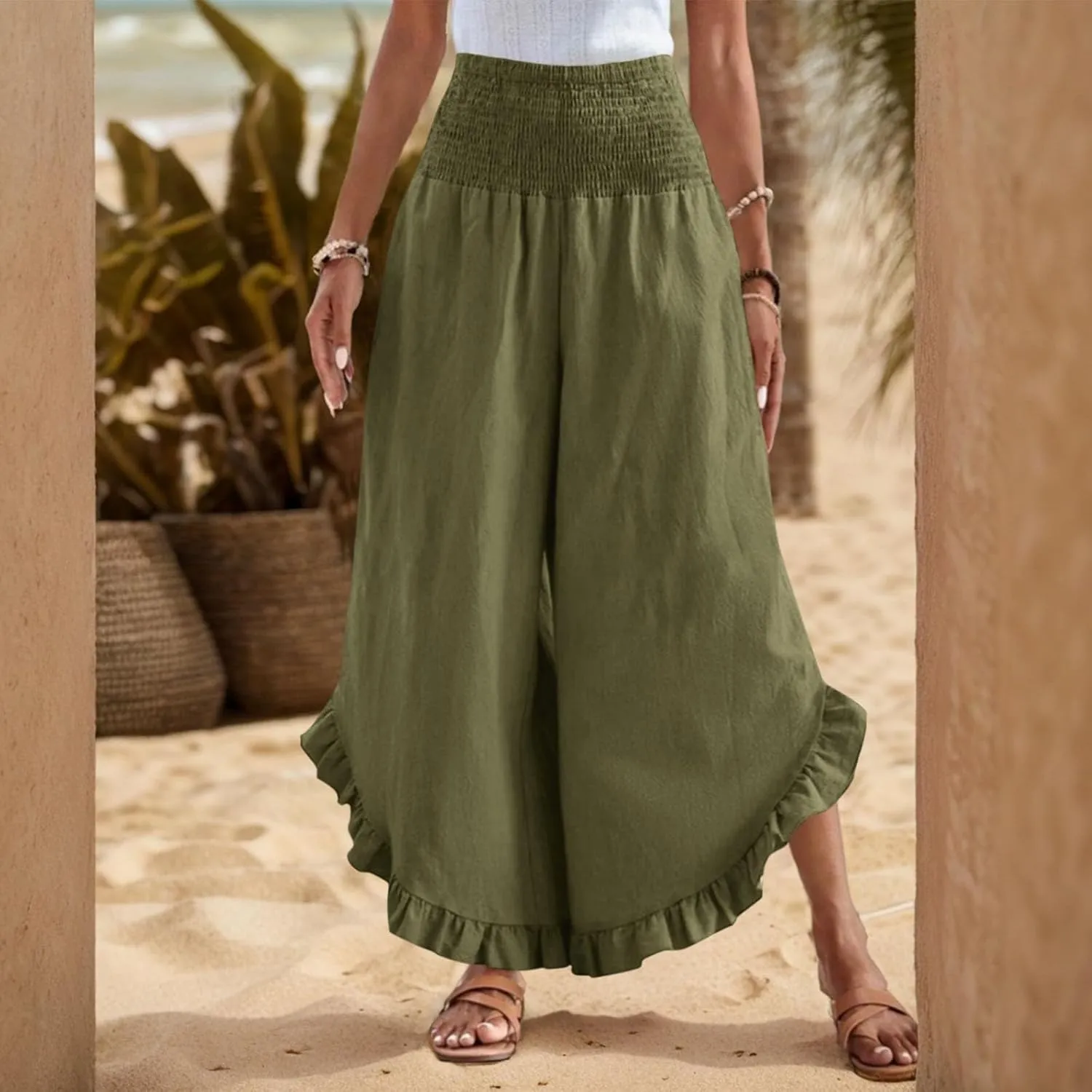 eoeioa Summer Linen Pants for Women Smocked High Waisted Palazzo Pants Ruffle Hem Beach Pant with Pockets