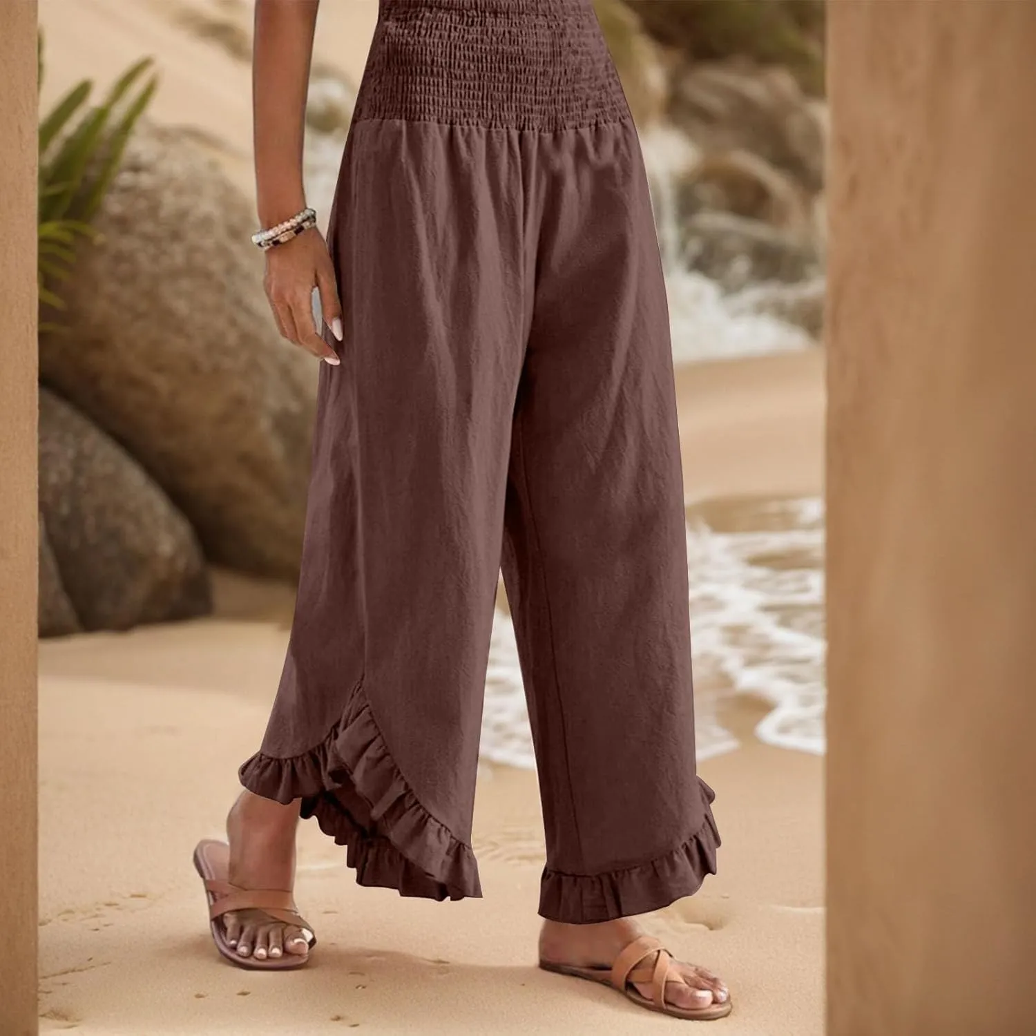 eoeioa Summer Linen Pants for Women Smocked High Waisted Palazzo Pants Ruffle Hem Beach Pant with Pockets
