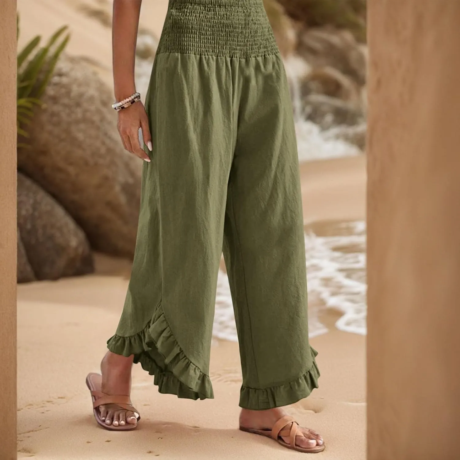 eoeioa Summer Linen Pants for Women Smocked High Waisted Palazzo Pants Ruffle Hem Beach Pant with Pockets