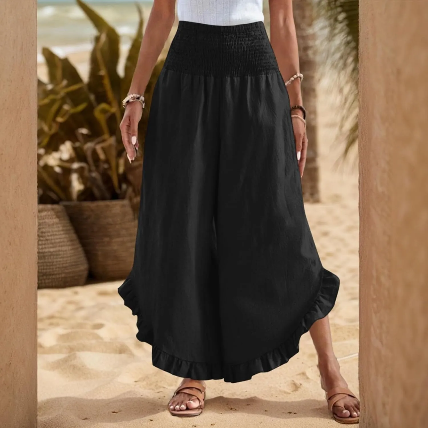 eoeioa Summer Linen Pants for Women Smocked High Waisted Palazzo Pants Ruffle Hem Beach Pant with Pockets
