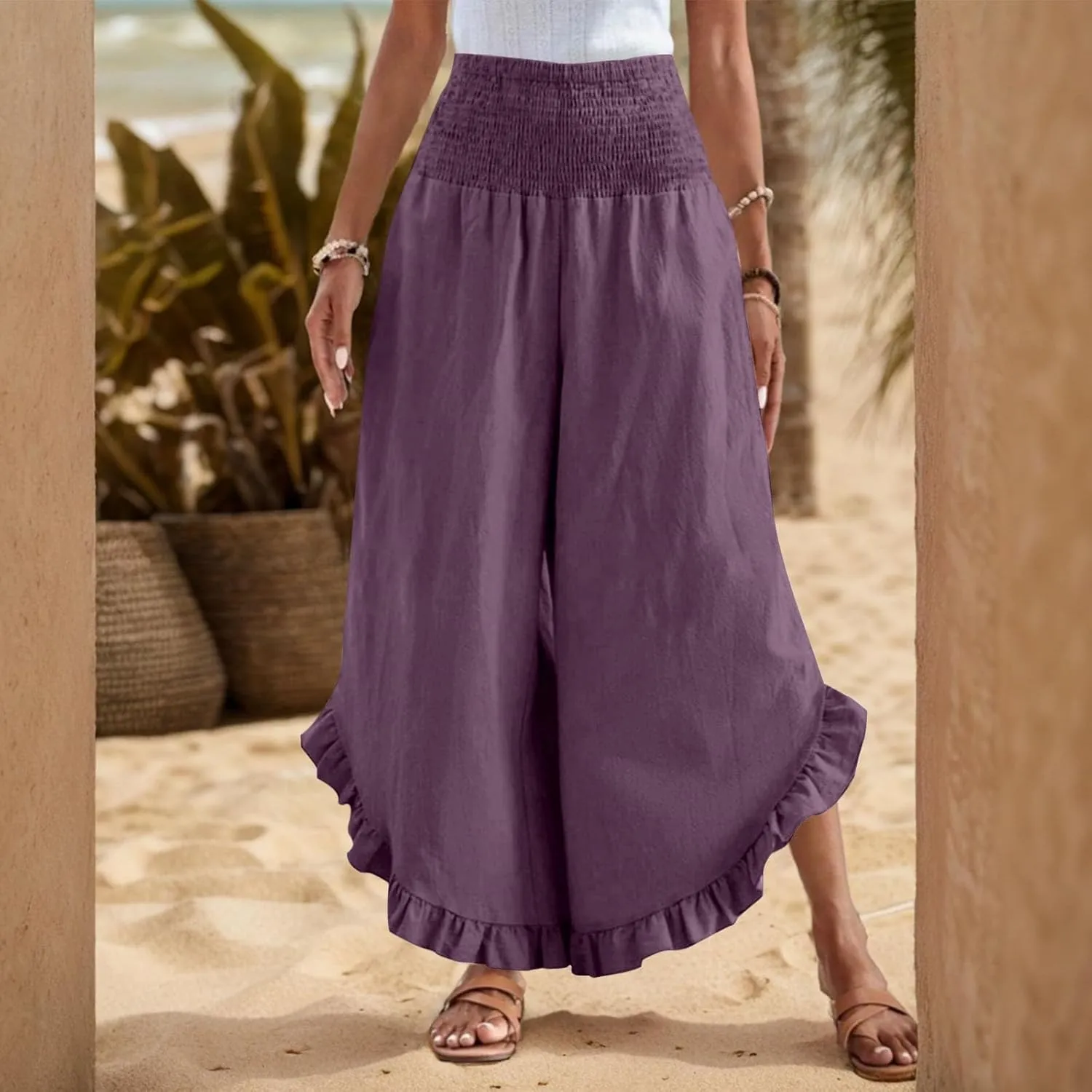 eoeioa Summer Linen Pants for Women Smocked High Waisted Palazzo Pants Ruffle Hem Beach Pant with Pockets