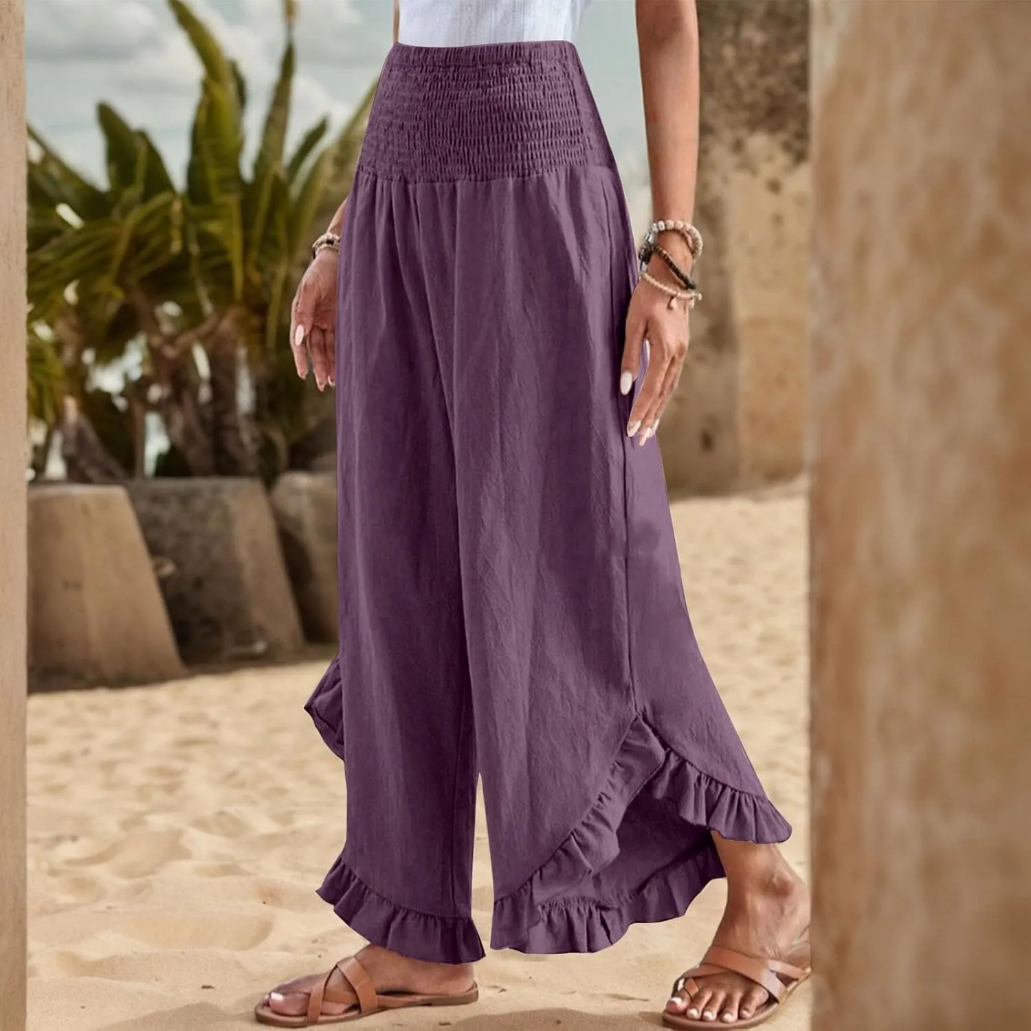 eoeioa Summer Linen Pants for Women Smocked High Waisted Palazzo Pants Ruffle Hem Beach Pant with Pockets